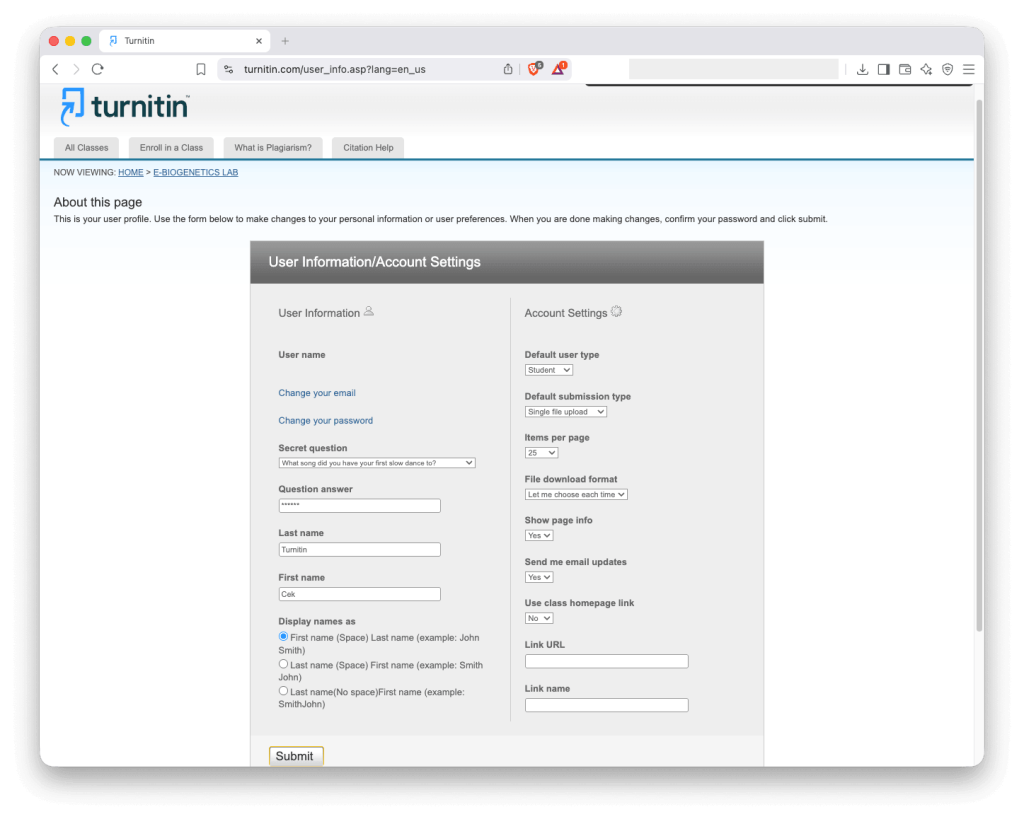 Pengaturan akun Turnitin no repository